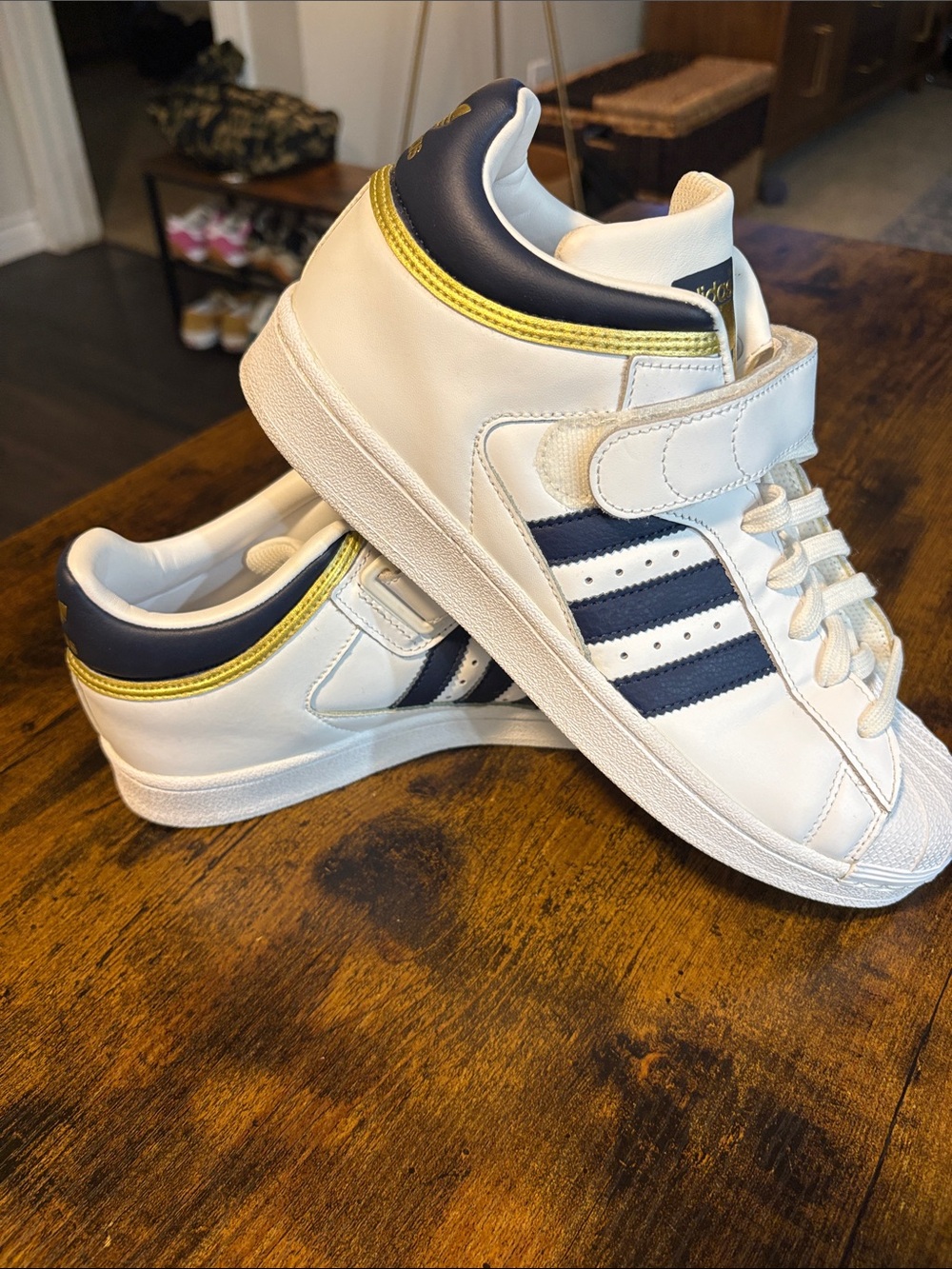 Adidas Pro Shell White Collegiate Navy Gold Leather Sneakers Mens Size 9